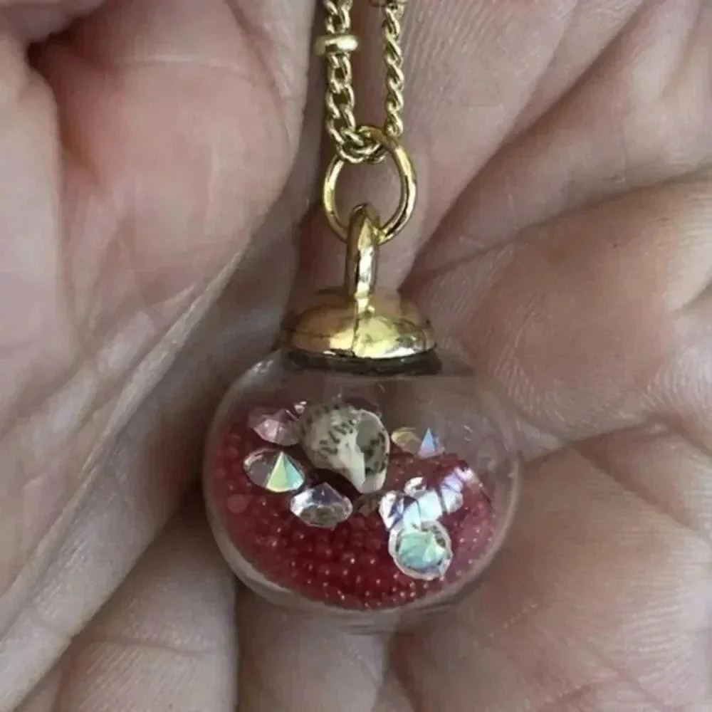 Red Glass Globe Seashell Conch Crystal 14k Gold Station Chain Necklace